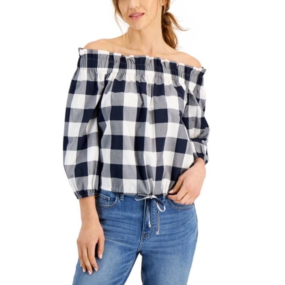 Tommy Hilfiger Women's Black & White Checkered Off The Shoulder Top Size XS. NEW
